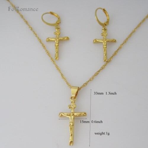 FoRomance- HIGH QUALITY GOLD GP OVERLAY JESUS CROSS GOD CHRISTIAN CHURCH PENDANT 18" WATER WAVE NECKLACE EARRING SET