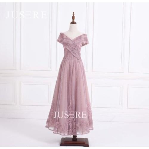 Jusere Stock Promotion V-Neck Heavy Beaded A Line Evening Dresses Prom Party Celebrity Gown