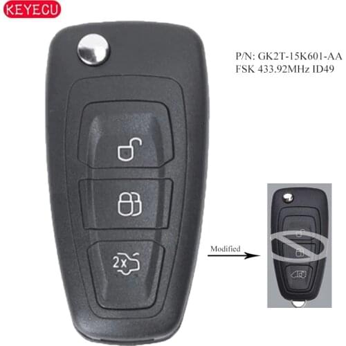KEYECU GK2T-15K601-AA Modified Flip Remote Key 3 Buttons FSK 433.92MHz ID49 Chip - FOB for Ford Transit 2016 2017 2018 2019 2020