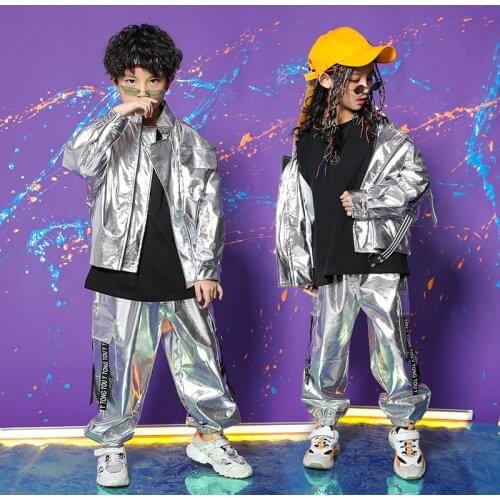 Children Hip Hop Outfits Loosed Silver Jacket Coat Top Sweatshirt Pants Girls Boys Jazz Dance Streetwear Performance Clothes