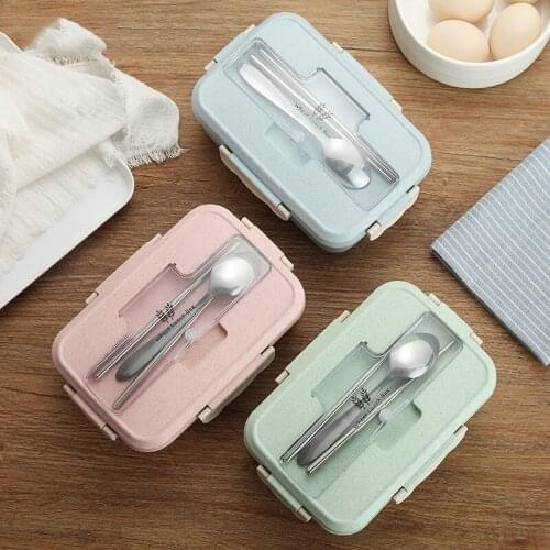 Wheat Straw Lunch Box for Kids Student with Spoons Chopsticks 3 Split Layers Food Thermos Thermal Lunch Box