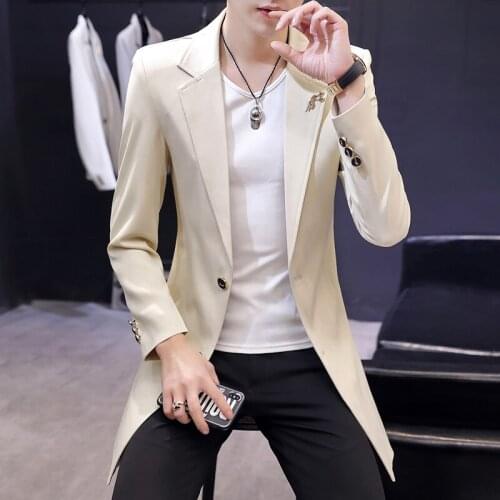 Chic Mens Long Casual Blazers Jacket Single Breasted Solid Color Coat Polyester Spandex