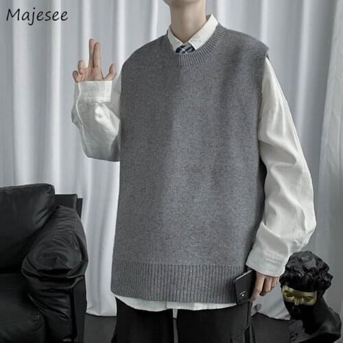 Autumn Warm Sweater Vests Men O-neck Fashion Simple Basic Daily Sleeveless Knitwear Male Jumpers Ins Chic Baggy Casual Students
