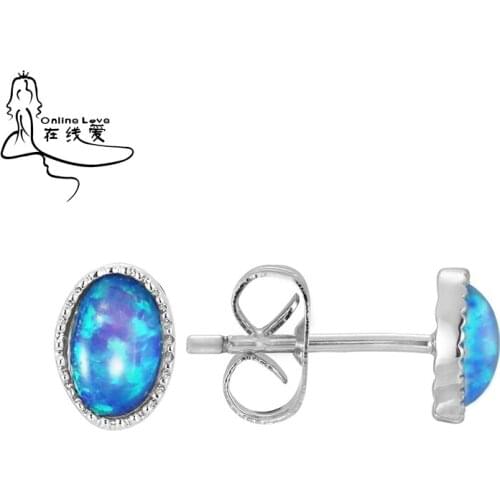 Oval Fashion Blue Fire Opal Stud Earrings For Women Bridal Silver Plated Wedding Party Small Earring ER248