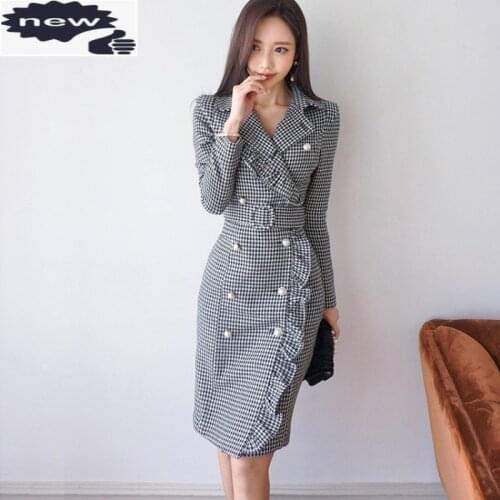 Sexy Ruffles Womens Long Sleeve Double Breasted Office Lady Dress Female Woolen Korean Style Elegant Woman Suits Slim Fit