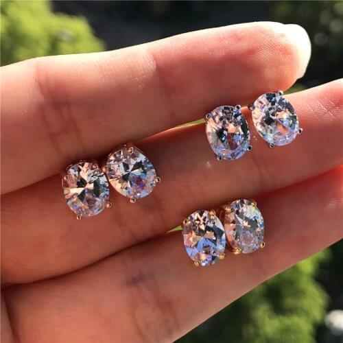 Charm White Zircon Small Wedding Earrings Cute Female Oval Crystal Stone Earrings Rose Gold Silver Color Stud Earrings For Women