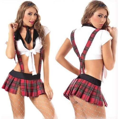 Adult Naughty Schoolgirl Uniform Sexy Tempting Halloween Costume Top Plaid Skirt Red Tops+Mini Skirts+Bow tie