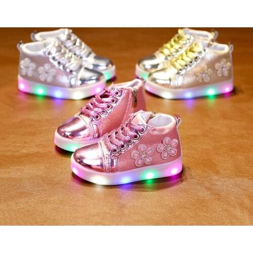 Kids girls shoes flowers crystal fashion casual children girl led light shoes flash flat heels lace up zipper shoes gold silver