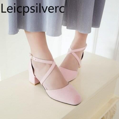 Pumps Spring and autumn new style Flock Shallow mouth Square head Buckle Thick heel mid heel Womens shoe plus size 32-43