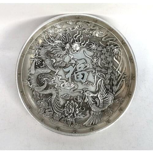 YIZHU CULTUER ART Collection China Old Tibet Silver Dragon and Phoenix Inlay Coin Dish Decoration