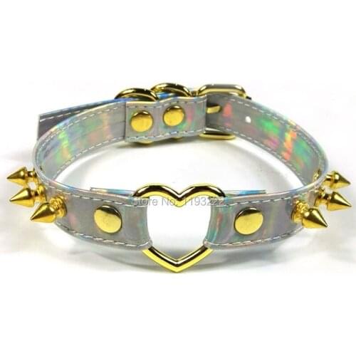 Harajuku Lolita Handmade Womens Holographic Choker Gold Metal Spikes Collar Spiked Studded Heart Shaped Buckle Laser Necklace