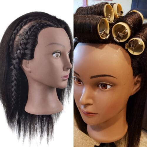 Afro female manikin training head with 35 cm long mix human hair for beauty school training and barber practice