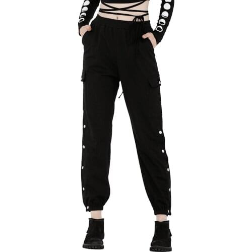 Harajuku Punk Cargo Pants for Women Streetwear Black High Waist Casual Joggers Loose Safari Pants with Split Side Button