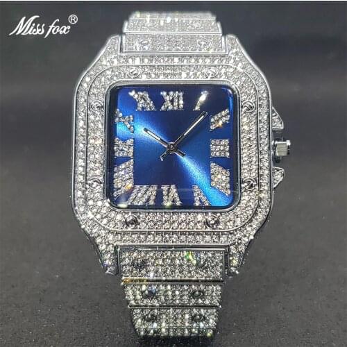 MISSFOX Square Watch Ice Out Diamond Hip Hop Sunburst Dial Waterproof Quartz Watches Droshipping New Reloj Hombre Marca de Lujo