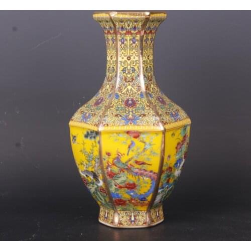 Jingdezhen Antique Enamel Hexagons Vase Yellow Flower And Bird Pattern Vase With Year Mark Qianlong of Qing Dynasty