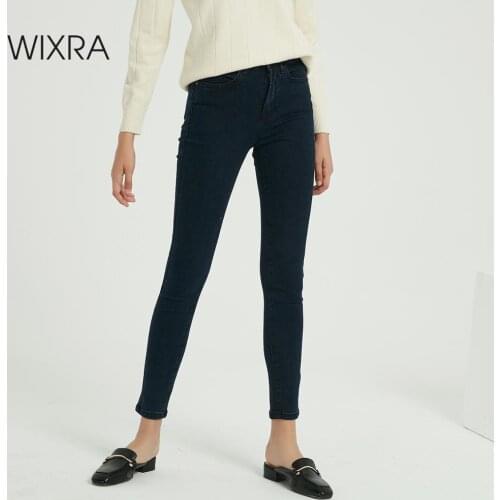 Wixra Slim Pencil Jeans Pants High Waist Ankle-length Pockets Basic Skinny Velvet Denim Trousers Spring Autumn Womens Clothing