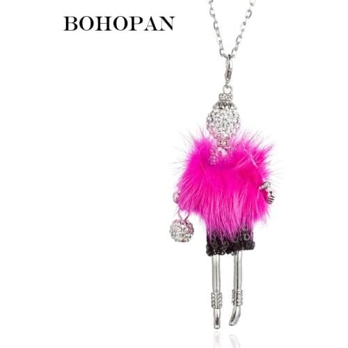 Statement Doll Necklace Women Girl Fur Sequin Skirt Ball Handbag Figure Pendant Necklace Sweater Chain News Alloy Jewelry Bijoux