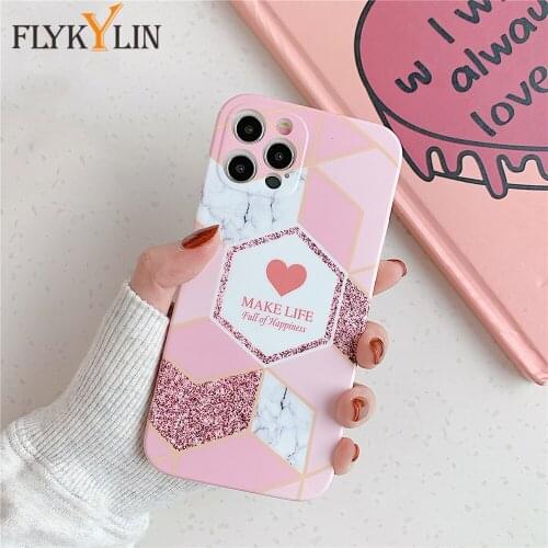 FLYKYLIN Geometric Love Heart Marble Phone Cases For iPhone 12 11 Pro Max XS Max X XR 8 7 Plus SE 2020 Case Cover Silicone Shell