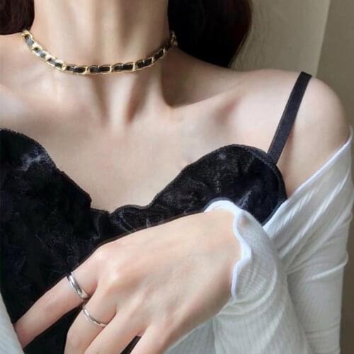 French Court Retro Leather Metal Chain Winding Necklace Neck Chain Collar Clavicle Chain OT Buckle Female Punk Street cool Style