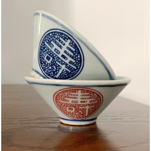 Ceramic Archaistic Teacup Red And Blue Longevity Word Teacup Retro Style Tea Set