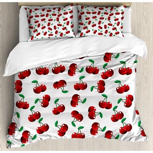 Fruits Duvet Cover Set Vibrant Cherries Vitamin Agriculture Exotic Summer Garden Pattern Decorative 4 Piece Bedding Set