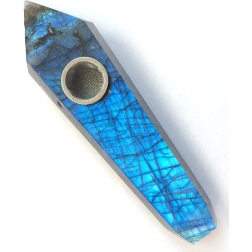 Natural Labradorite Smoking Pipe Quartz Moonstone Cigarette Accessory Stainless Steel Bowl Filter Healing Crystal Home Decora