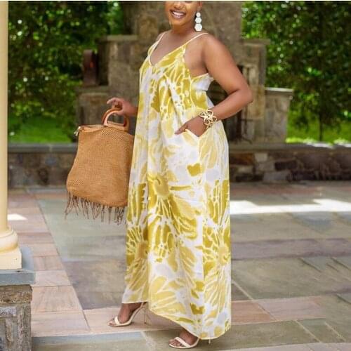 Summer Casual Dress 2021 Casual Spaghetti Strap Long Dress Loose V-neck Yellow Printed Sleeveless Daily Wear Dress Hot Sale New