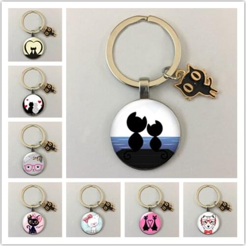Fashion cute cartoon cat beauty keychain glass round photo glass cabochon keychain key ring gift jewelry