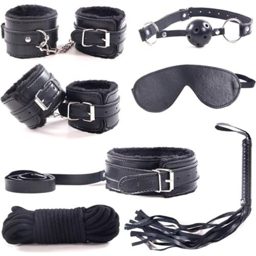 Sexy Leather BDSM Kits Plush Sex Bondage Set Handcuffs Sex Games Whip Gag Nipple Clamps Sex Toys For Couples Exotic Accessories