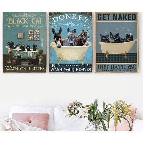 Nordic Black Cat Donkey Raccoon Poster Get Naked Quote Print Bathroom Wall Art Toilet Canvas Painting Pictures Room Wall Decor