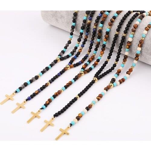 New Men Necklace Natural Stone Beads Tiger Eye Matte Onyx 316L Stainless Steel Cross Pendant Rosary Necklace Jewelry Gift Men