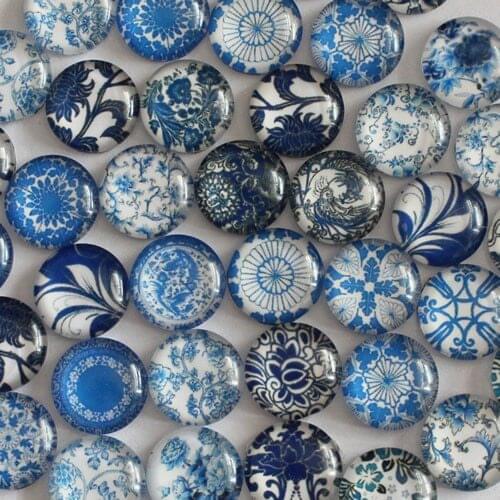 12mm Mixed Style Blue and white Porcelain Round Glass Cabochon Dome Jewelry Finding Cameo Pendant Settings 50pcs/lot (K02848)