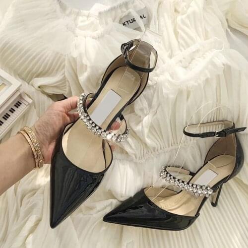 Womens heeled sandals Crystal Drill Black High heels Stiletto pointed Toe Fashion Sandals Summer ladies shoes clear heels