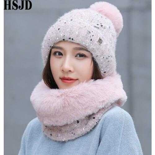 Sweet lovely Snowflake Dots Knitted Hat And Mink Plush Scarf 2Pcs Set Winter Womens Hats Thick Warm Skullies Beanies Female Cap