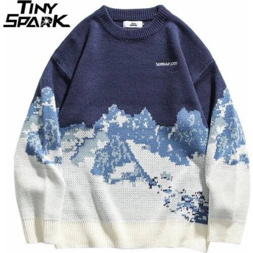 2021 Men Hip Hop Streetwear Knitted Sweater Embroidery Retro Vintage Snow Sweater Cotton Harajuku Casual Pullover Sweater Black