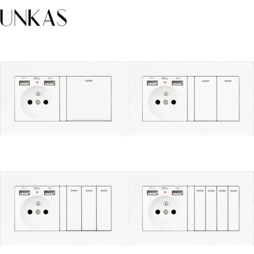 UNKAS French Standard Wall Socket Dual USB Port 146*86MM + 1 2 3 4 Gang 1 / 2 Way On / Off Light Switch PC Plastic Panel Outlet