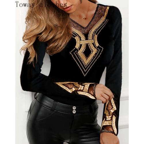Long Sleeve V-Neck Shirt Female Black Casual Top Studded Design Mesh Insert Blouse