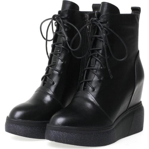 2021 Lace Up Creepers Women Genuine Leather Wedges High Heel Ankle Boots Female High Top Round Toe Fashion Sneakers Casual Shoes