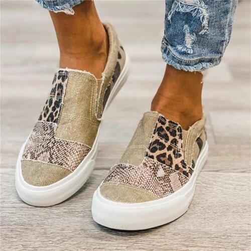 2021 New Canvas Shoes Spring Leopard Print Comfy Slip On Ladies Large-Sized Flats 35-43 Patchwork Outdoor Female Sport Sneakers