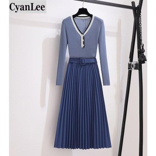 Cyanlee 2020 Winter Tow Piece Women Sets Casual V-Neck Sweater + Pleated Skirt Belt Elastic Waist A-line Office Lady 2 Piece Set