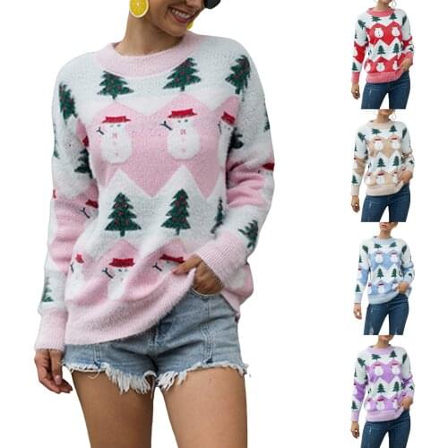 Womens Christmas Tree Snowman Printed Round Neck Long Sleeve Knitted Sweater Fall/Winter Warm Pullover Casual Sweater Jacket /F