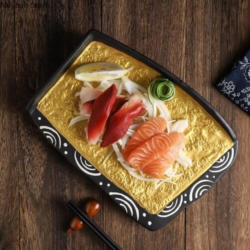 Japanese-style Golden Tableware Creative Ceramic Household Plates Japanese-style Sushi Plate Dishes Flat Plate Restaurant