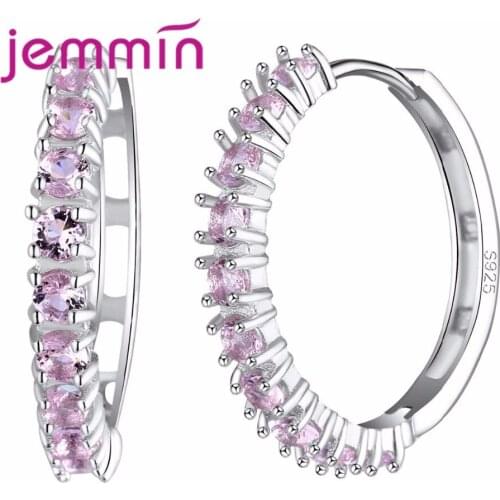 10PCS/Lot 925 Sterling Silver Color Luxury Hoop Earring Inlay Pink CZ Fashion Brilliant Ladies Wedding Earrings
