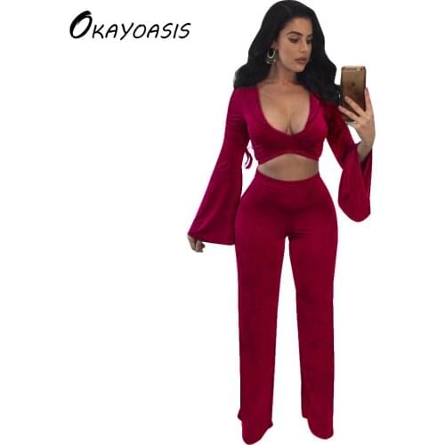 OKAYOASIS Free Shipping Autumn Winter Women Tracksuits Set 2-pieces ( Tops + Pants ) Long Sleeve Sexy Club Party Women Set
