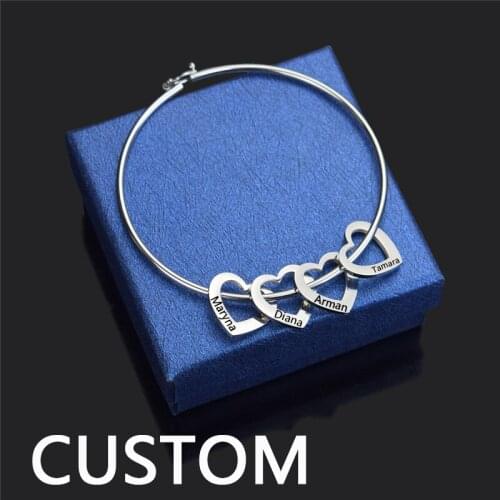 Custom Stainless Steel Heart Bracelet Bangle Personalized Engraved 1-8 Names Letters Bracelets for Women Wife Gift