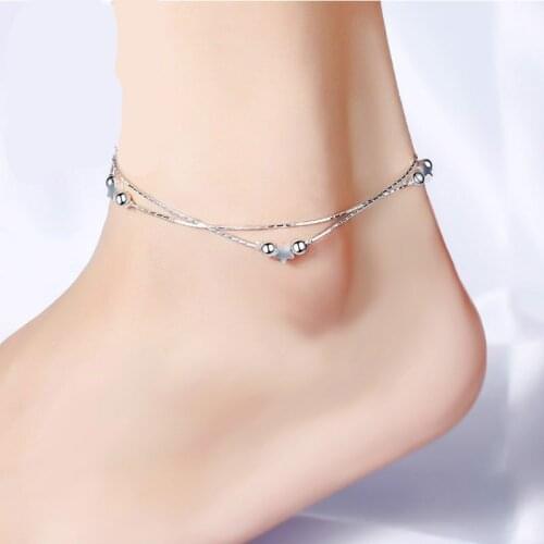 Womens Two Layers Polish Star Beads Charm 925 Sterling Silver Anklet Leg Chain Summer Jewelry Ankle Bracelets Wholesales