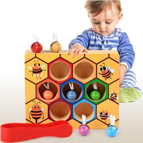 Kids Montessori Wooden Bees Clip Box Kid Early Education Color Cognition Learning Educational Toy Bees Box Toy