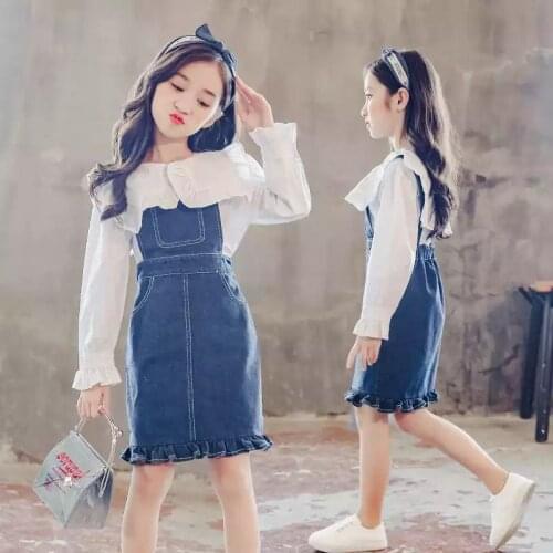 2021 Kids Clothing Set For Girls Childrens Clothes 6 8 12 13 14 Years Autumn Blouse + Denim Overall Dress 2 pcs Suits Teen Girl