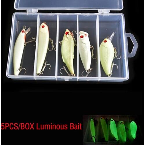 Hard/Luminous/Fake/Artificial Bait Kit Wobbler Tackle Box Minnow Popper Crank Pencil Vib Winter 5PCS Night Fishing Lures Set