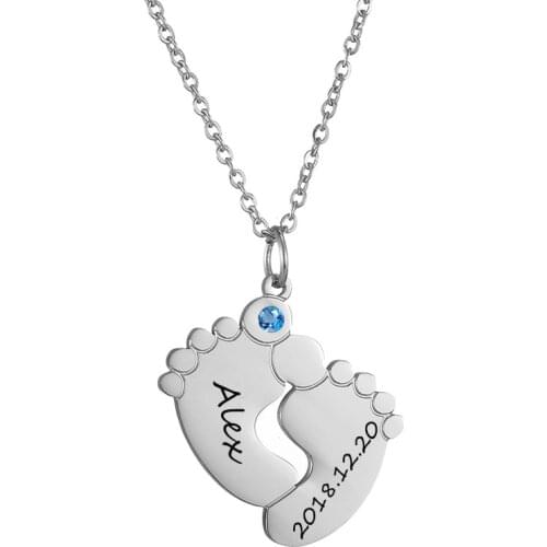 Custom Name Necklace Baby Feet Stainless Steel Engraved Name Date Personalized Crystal Birthstone Necklaces Mother Child Jewelry